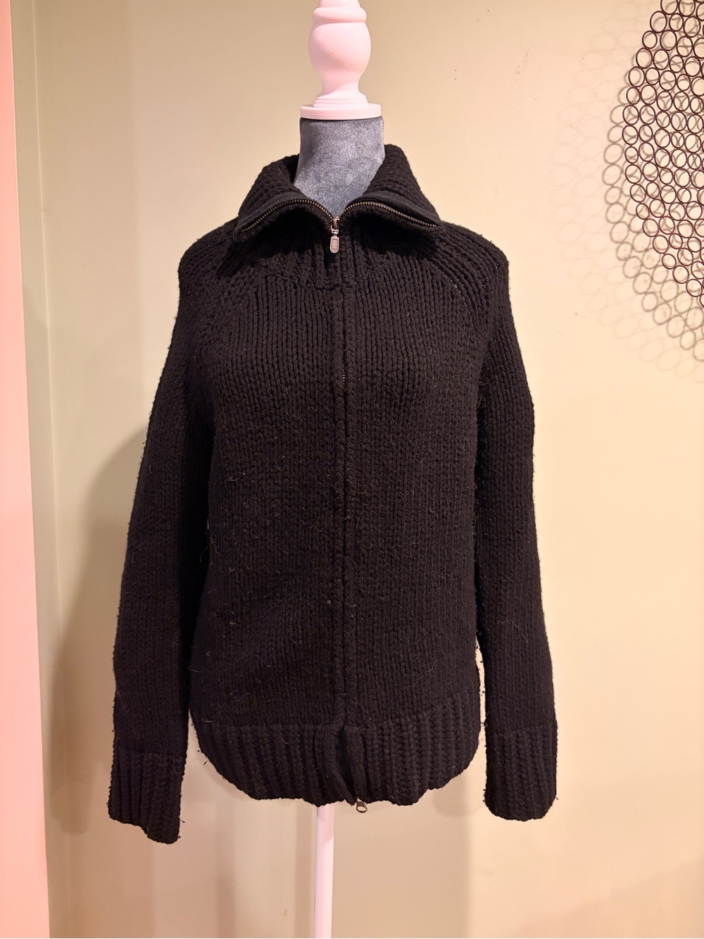 Old Navy Black Lambswool Chunky Knit Zip-Up Sweater Jacket Size L
